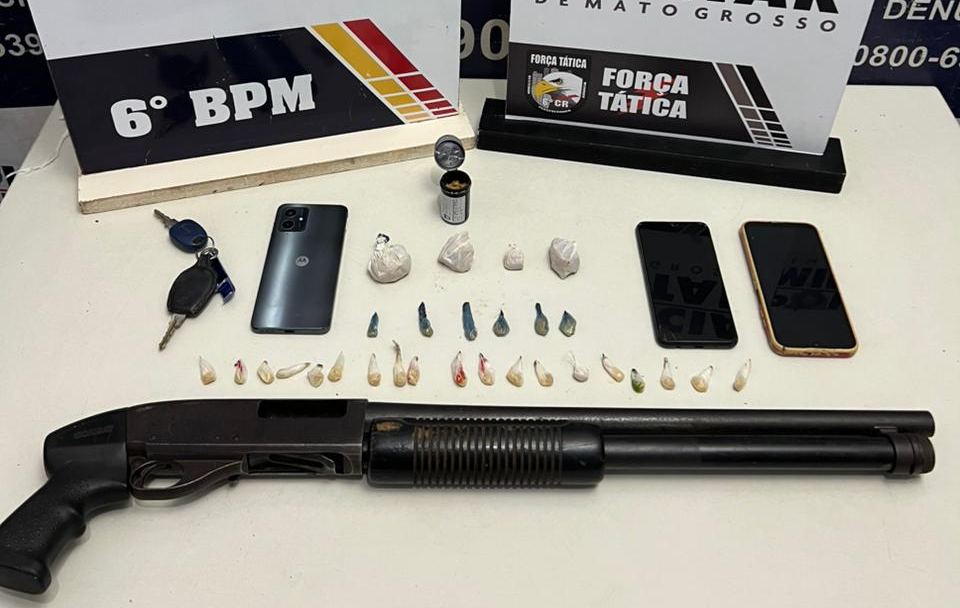 Polícia Militar detém três faccionados com espingarda e drogas em Cáceres